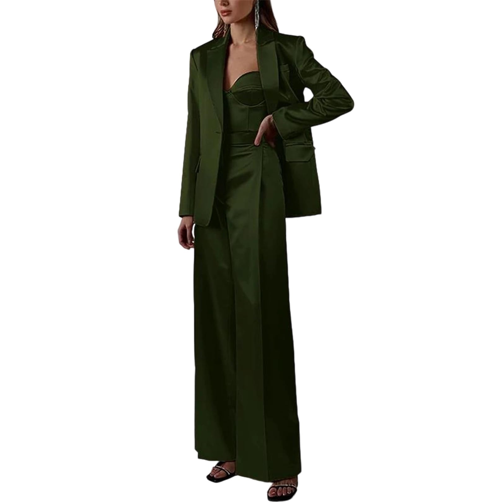 Satin Suits 3 Piece Set V Neck Spaghetti Strap Top One Button Jacket Wide Leg Pants Suit Prom