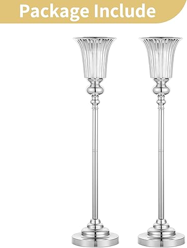 Miniatura 6 de NUPTIO Jarrón de flores para mesa de boda 2 piezas de 26.7 "de alto soporte plateado jarrones de trompeta de metal para decoración de mesa de fiesta