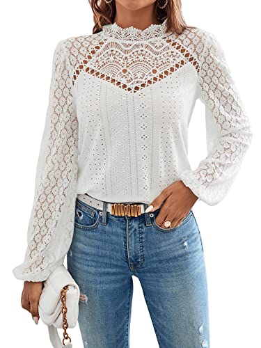 GORGLITTER Blusa elegante para mujer, cuello alto, manga larga, encaje, túnica, blusa con mangas de farol, Blanco, M