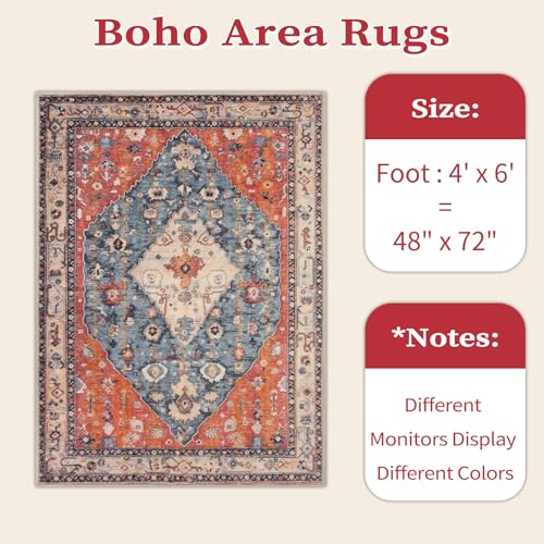 SERISSA Bedroom Rug 4x6 Boho Tribal Rug, Vintage Washable Area Rugs Non Slip, Ultra Soft Print Distressed Low-Pile Throw Carpet for Bedroom Nursery Dorm Kitchen Living Room Decor