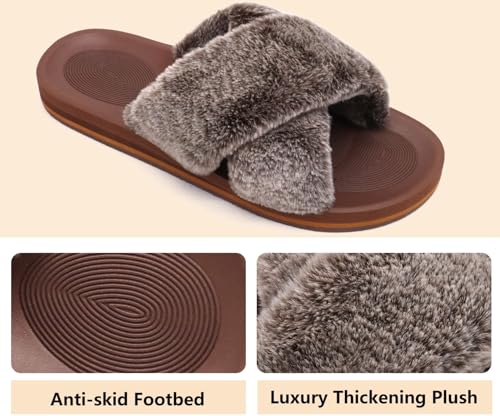 Image of COFACE Womens Fuzzy Slides Fluff Faux Fur Cross Slippers Open Toe Yoga Mat House Slipper Sandals With Arch Support For Indoor /Outdoor