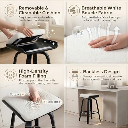 Image of HNY 26 inch Swivel Bar Stools Set of 2, Backless Counter Height Bar Stools with Removable Boucle Cushion, 360 Swivel Wooden Saddle Stools with Footrest for Kitchen Island, Home Bar & Small Spaces, White
