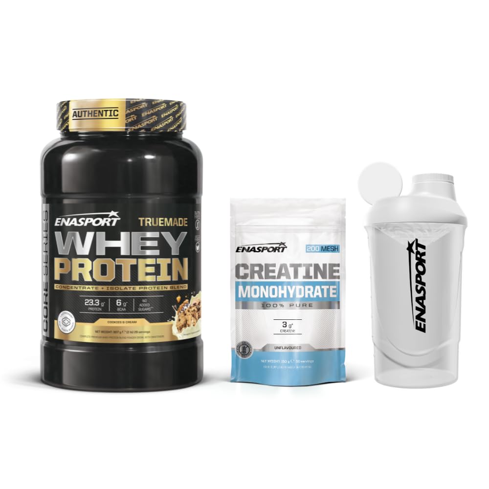 Pack Truemade Whey Protein 907g + Creatina Monohidrato 150g + Shaker Wave Blanco 600ml | Aumenta el crecimiento muscular y la recuperacion | Sin gluten. (1057, Cookies and cream)