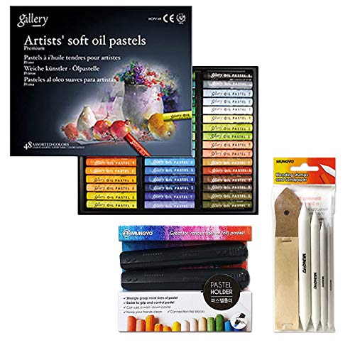 Mungyo Gallery Soft Oil Pastels Set of 48 (incl. Blending Stumps and Sandpaper Set, Pastel Holder)