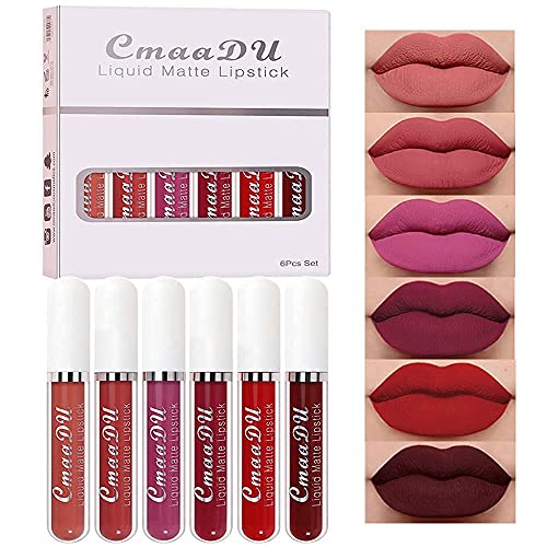 evpct 6Pcs Lipstick Matte Liquid Lipstick Lipgloss Set for Women, Dark Ruby Plum Wine Red Violet Purple Nude Beige Pink labiales mate 24 horas originales matte larga duracion 24 Hour Lipstick - Thumbnail 3