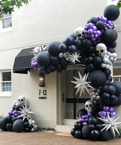 Image of Purple and Black Balloon Arch Kit, 132Pcs Explosion Star Metallic Silver Purple Black Confetti Balloon Garland kit Different Size Balloons for Halloween Graduation Birthday Party Decorations