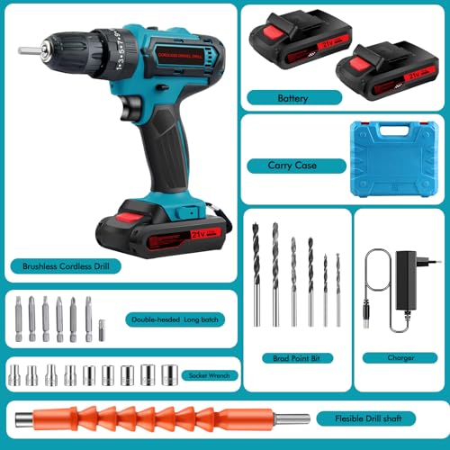 21V Akkuschrauber Set, Akku Schrauber, Akku Bohrmaschine, Akku Bohrschrauber Set mit 2 Akkus und 24 Zubehöre, 25+3 Drehmoment, 2 Geschwindigkeiten, LED-Licht für Heim- und Garten-DIY-Projekt (Blau) – Bild 3