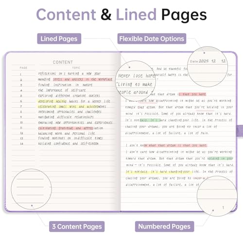 Image of EMSHOI Lined Journal Notebook, 192 Numbered Pages, A5 Size (5.7'' x 8.3'') | Leather Hardcover, 100 GSM Thick Paper, for Women & Men, Journaling, Writing, Work & Office, Sun Debossed (Light Purple)