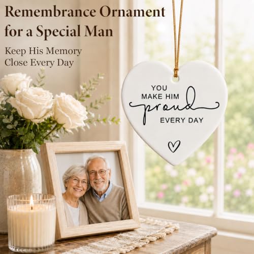 Image of Memorial Gift for Loss of a Loved One, You Make Him Proud Every Day Ceramic Heart Ornament, Sympathy Bereavement Keepsake for Funeral, Remembrance Table, Christmas Tree, Family and Friends