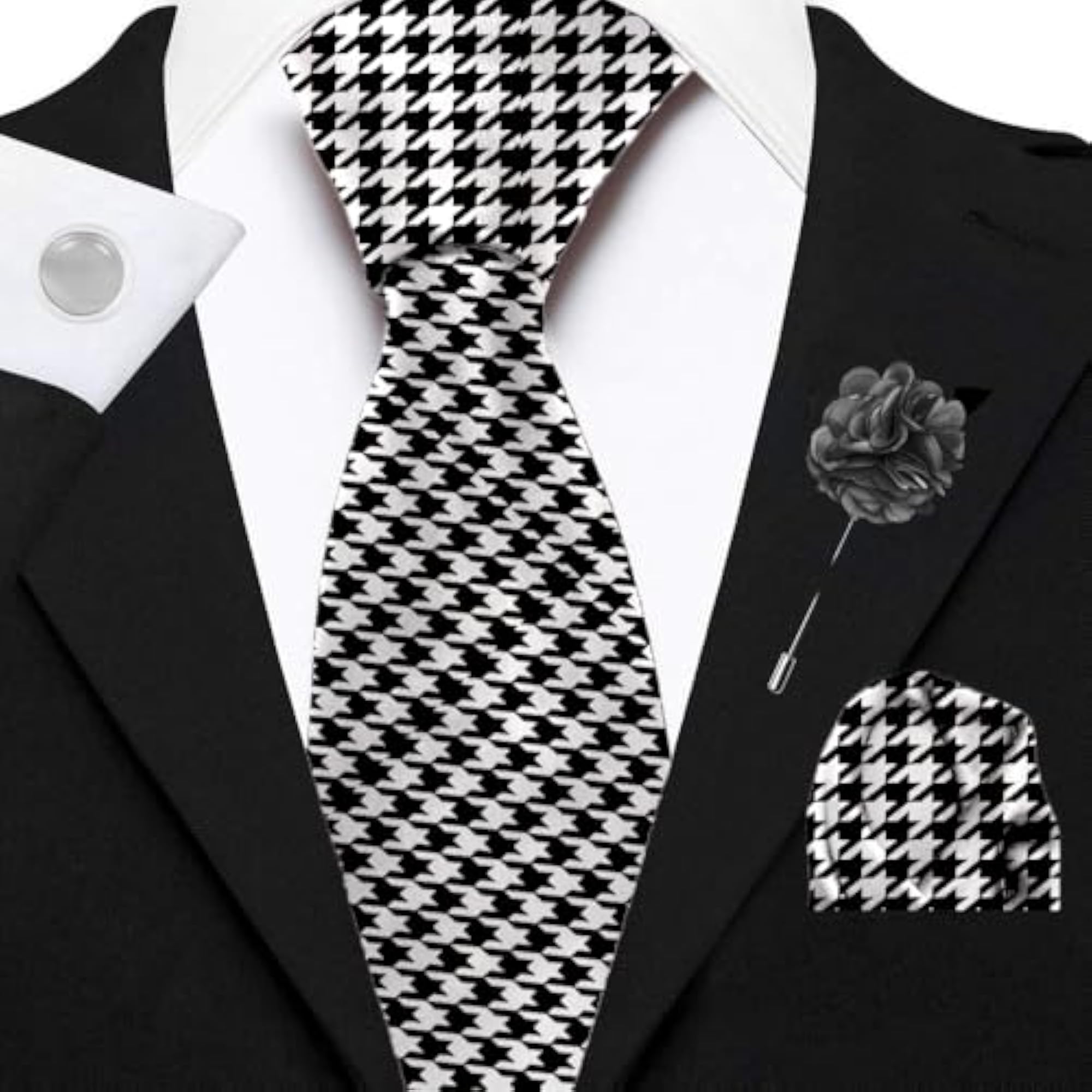 Houndstooth Printed Tie, Pocket Square, Cufflink & Lapel Pin Set