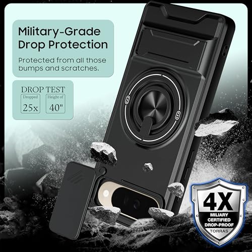 Image of V-TAN Heavy Duty Back Cover Compatible with Google Pixel 9 Pro XL 5G, TPU, Military Drop Protection with Sliding Camera Cover, Finger Rotating Ring Kickstand, Scratch Resistant Shockproof-Black