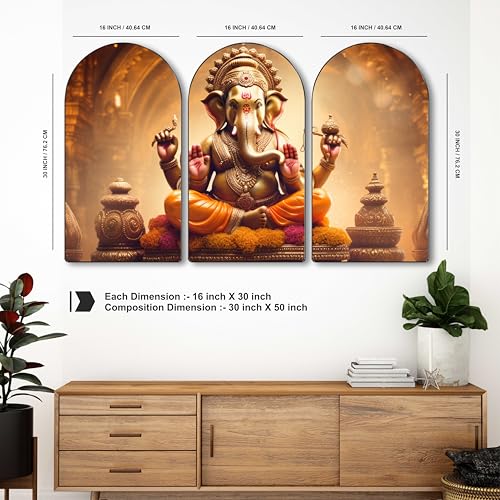 Image of SAF Lord Ganesha Wall Art 3 Panel Set | Golden Divine Ganpati Painting on MDF | Spiritual Wall Hanging for Home Temple Living Room Bedroom Office Decor (30 x 50 Inch) RPNL-74