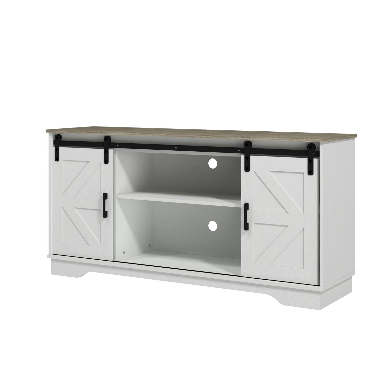 Panana Bar Cabinet with Barn 2 Sliding Doors Buffet Farmhouse Storage Cabinet TV Stand (White Body Natural Top)
