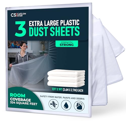 CS 3 Pack Extra Large Plastic Dust Sheets for Decorating 3.6 x 2.7m (12x9 ft) Dust Sheets for Painting Clear Plastic Sheet Polythene Sheeting Painting Tools Decorating Tools Home Improvement
