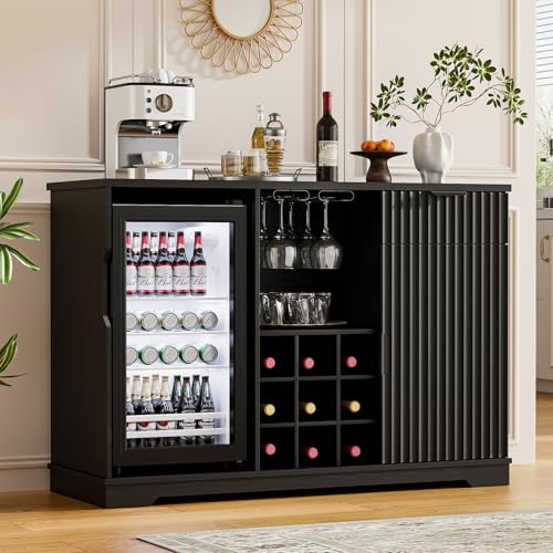 Aauro Home Fluted Wine Bar Cabinet with Fridge (Fridge Included) Black