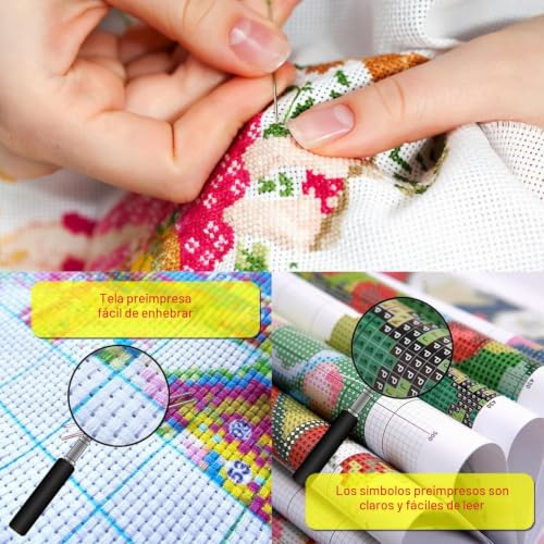 Miniatura 8 de Hkliopu Kit Completo De Punto De Cruz, 11ct, Kit De Bordado Diy Para Principiantes, Estampado De Flores De Cerezo, Monte Fuji, 40 40 Cm