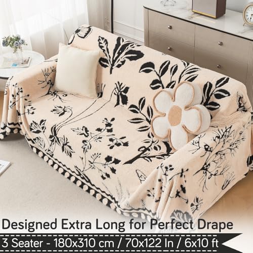 Image of HOKIPO Soft Plush Sofa Throw Cover for 3 Seater Sofa - Luxury All-Season Sofa Cover, 'Noirea Series' Butterfly Garden (180x310 cm) (AR-6653-D7)