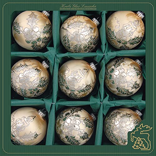 Krebs Glas Lauscha - Kerstdecoratie/kerstboomversiering van glas - Bal met bloem en franjes - Kleur: Blauw/Zilver - Hoeveelheid: 4 stuks - Grootte