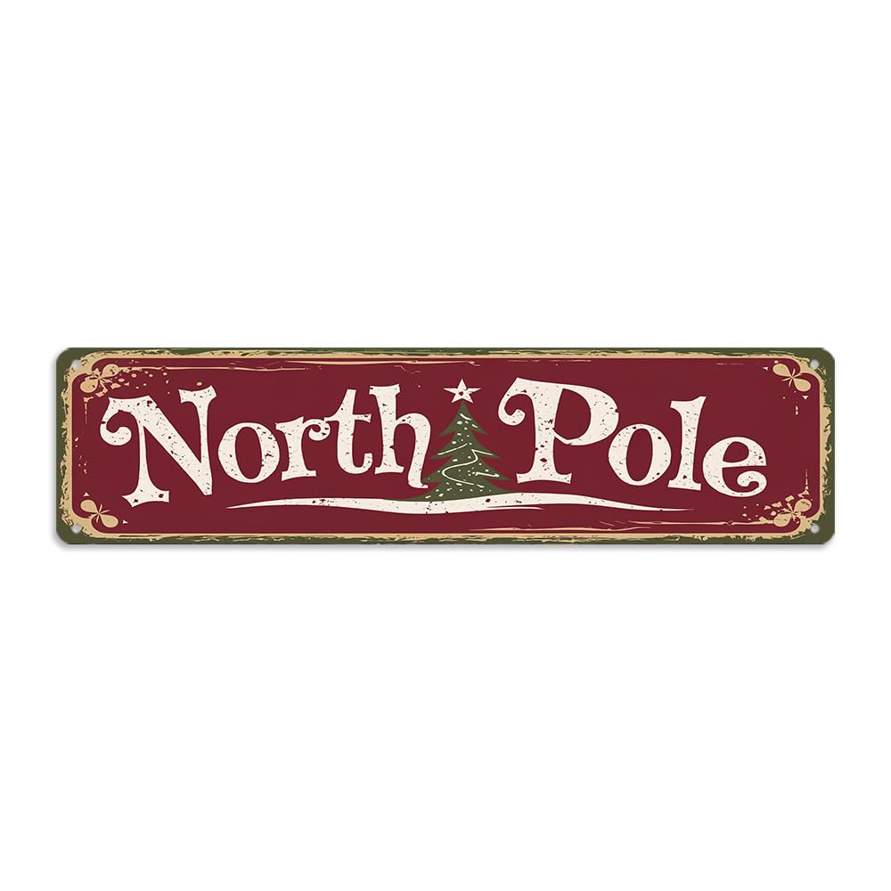 Rustic North Pole Metal Sign, 16x4 Inch - Christmas Tree Art Decorative Sign for Bathroom, Bedroom, Cafe, Bar, Balcony, Distressed Finish Plaque Wall Art Decor, Christmas Room Decor