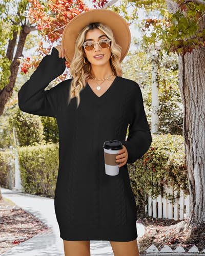 Women's Pullovers Jumper Sweaters Lantern Sleeve Casual V Neck Fall Knit Mini Sweater Dresses2