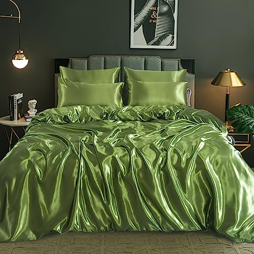 ROOEE Parure de lit complète en satin de soie - 6 pièces - Drap-housse, housse de couette et 4 taies d'oreiller. Couleur - Vert olive Taille - King size