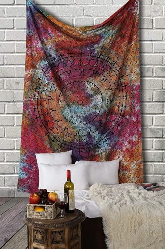 Craft Trade Mandala Mehrfarbig Wandteppich Indische Wandtuch Tapestry Wandbehang Boho Wandteppiche für Heimdeko Wohnzimmer und Schlafzimmer - 76 x 102 cm