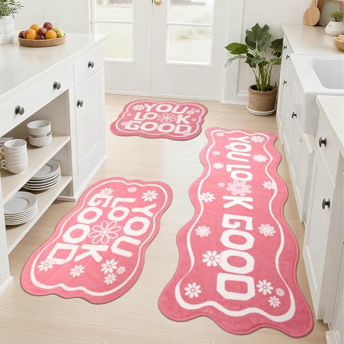 Pink Kitchen Mats for Floor, 19" x 59" + 31"