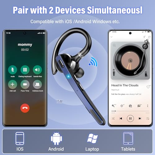 Image of 2026 Bluetooth Headset, Wireless Bluetooth 5.3 Earpiece, 90Hrs Single-Ear Headset with APTX HD Audio & Mute Button, Dual Noise Cancelling Mics, Hands Free Headphone for Trucker, Business, Gym, Blue