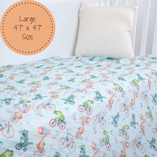 Image of LollyBanks Baby Blanket, 100% Cotton Muslin Swaddle for Baby Boys and Girls, Soft and Breathable 47 x 47 Inches Receiving Blanket, Lightweight Newborn Swaddle Blankets, Registry (Animal Bike Print)