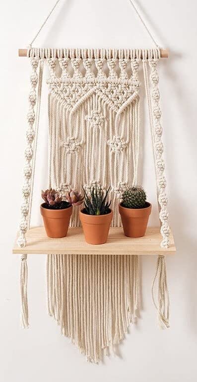 Macrame Wall Hanging Shelf, Decorative Handmade Floating Wooden Shelve, Hand Woven Items for Living Room Bed Room, Gift Item Kitchen, Size 10 x 5 x 24 Inch,Off White, 1-Pcs, GD-03