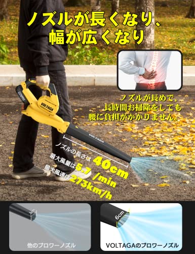 VOLTAGA ブロアー 充電式 ブロワー コードレス 風量5.7m³/min 風速273km/h 20V 2000mAhバッテリ 無段変速 回転速度20000RPM 電動ブロアー ハイパワー 充電式ブロワー 低騒音 低振動 軽量 フラットノズル リーフブロワー 超大風量 落ち葉 洗車 取扱説明書 3枚目