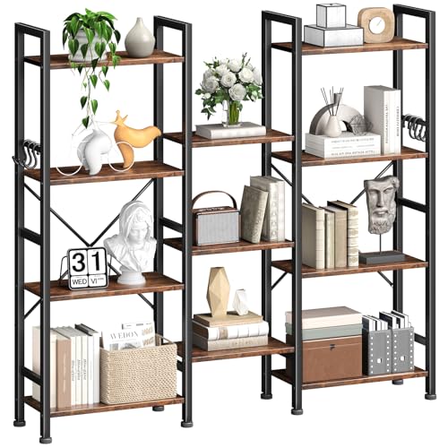 Image of Furologee Triple 4 Tier Bookshelf, Bookcase with 11 Open Display Shelves, Large Book Shelf with 6 Hooks, Rustic Bookshelves Storage Organizer, Decorative Shelving Unit for Living Room, Home Office