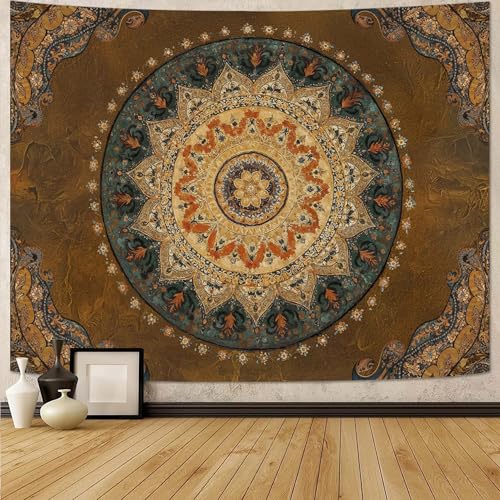 Accnicc Boho Mandala Tapestry Wall Hanging Hippie Bohemian Floral Medallion Indian Tapestry Aesthetic Large Vintage Brown Yellow Meditation Tapestries for Bedroom Living Room Dorm Decor 80 x 60 Inch
