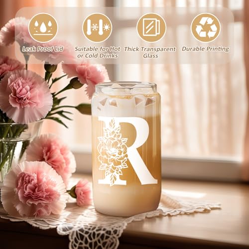 Image of Coolife Initial Glass Cup, Monogrammed Gifts for Women, 16 oz Tumbler w /Lid