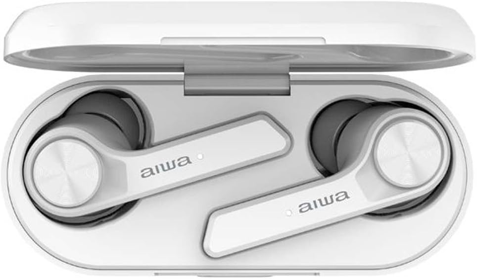 Aiwa ESP-350WT Earbuds inside Open Charging Case