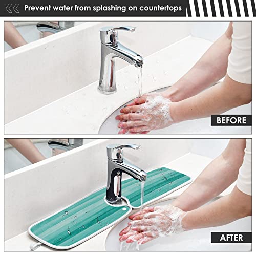 teal turquoise green wood texture faucet water catcher mat 2 pack green blue wooden printing drying mat absorbent bathroom faucet handle drip catcher tray bar rv kitchen sink splash guard 14x5 inches