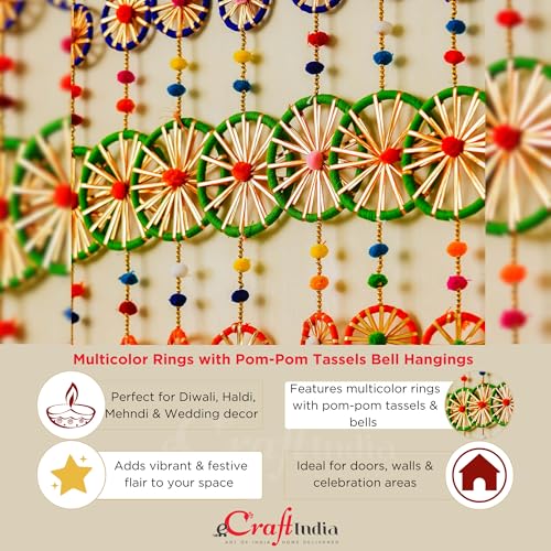 Image of eCraftIndia Multicolor Rings with Pom-Pom Tassels Bell Hangings (Pack of 8) Toran for Home Decor-Ganesh Chaturthi, Navratri, and Diwali Decoration Items