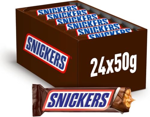 Snickers Chocolatina con Crema de Cacahuete, Caramelo y Cacahuete recubiertos de Chocolate con Leche (24 x 50g)