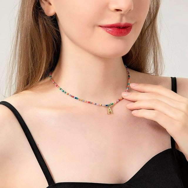 Colorful Beaded Initial Necklaces for Women, 18K Gold Plated Letter Necklace Choker Bohemian Necklace Boho 3MM Beads Choker Dainty Necklace Personalized Gifts - Image 5