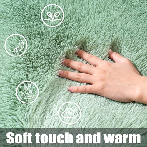 KING DARE Area Rugs 4x6 Rug for Bedroom, Fluffy Shaggy Washable 4 x 6 Sage Green Rug for Living Room Dorm, Plush Fuzzy Furry Non-Slip Soft Carpet for Playroom Kids Room Modern Aesthetic Rug
