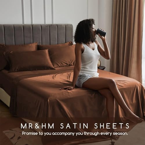 Image of MR&HM Satin Bed Sheets, Full Size Sheets Set, 4 Pcs Silky Bedding Set with 15 Inches Deep Pocket for Mattress (Full, Brown)