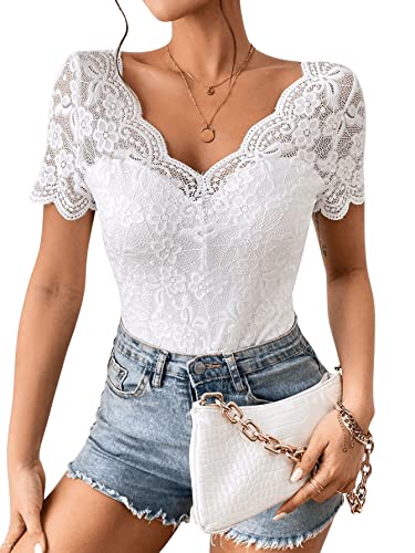 GORGLITTER Damen Bodysuits V-Ausschnitt Bodys Elegant Bodys Kurzarm Bodies...