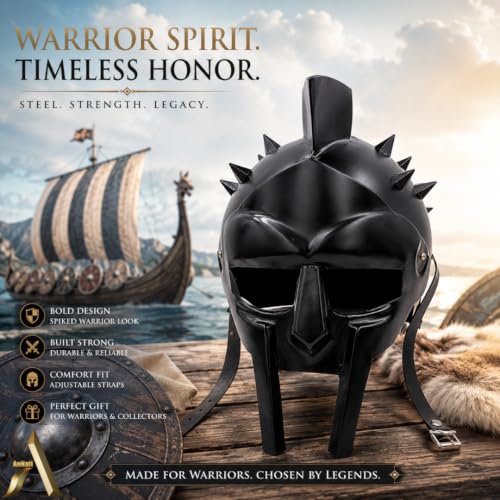 Image of AnNafi Maximus Gladiator Helmet Men Roman Headgear Blackened LEATHER LINER FITTED, Adult Medieval Costume, Larp Sca Party Clothing, Halloween Costumes