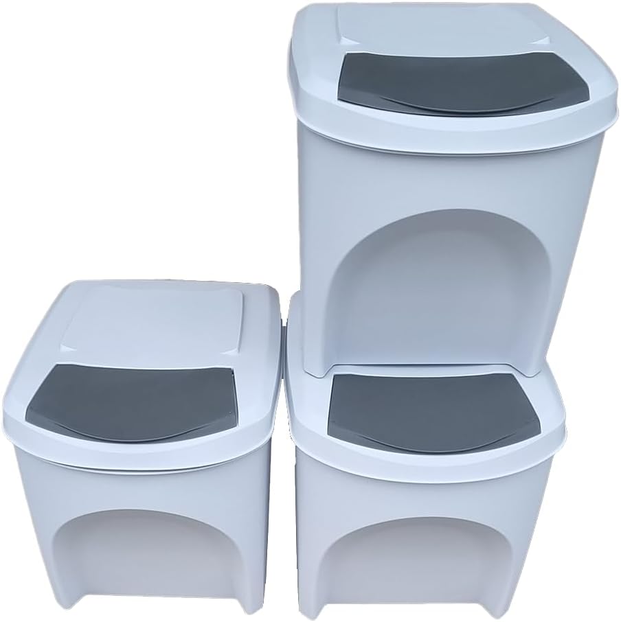 Large Stackable Recycling Bins Set of 3x25L (Brand KrysGo) - Customizable Lids with Recycling Stickers - Waste Sorting for Home, Kitchen, Office (White + Grey)