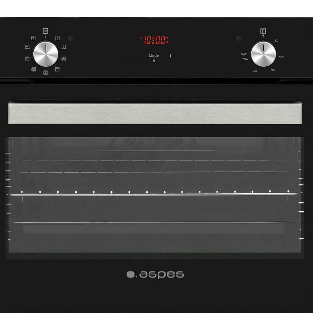 Aspes Horno Multifunción con Ventilador Cristal negro AHM9500DCN. Capacidad 50 Litros, 1200W, 9 Programas, Interior Esmaltado, Fácil Limpieza, Display LED Manual, Eficiencia Energética Clase A