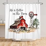 Bovlleetd Rustikaler Bauernhof Duschvorhang Red Farm Animal Wheels Scheunentür Rost Bauernhof Duschvorhang für Badezimmer Set 6 Löcher Badewanne Home Decors Wasserdicht 92x183cm