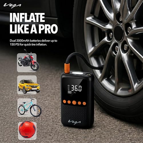 Image of Vega Portable Cordless Digital Tyre Inflator for Car, Bike, Sports Balls & Inflatables | 150 PSI Air Compressor | 4000mAh Battery | LED Flashlight, Power Bank, Rechargeable Type-C, SOS Signal | Black