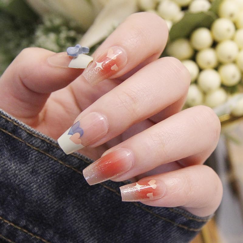Long Coffin Shape Heart and Star Design Nails | Artificial Nail Extension | Long Lasting Glossy Finish | 24 Pcs Set Trendy Nail Art Set For Salon Look At Home-image-28