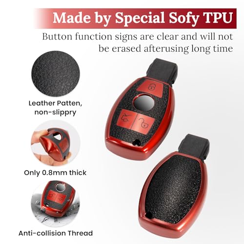 Image of Key Fob Cover for Mercedes Benz, Carbon-Fiber-Style Case, Red | Wear-resistant TPU shell, carbon-fiber-style PU belt, daily splash, scratch and drop protection, normal signal use