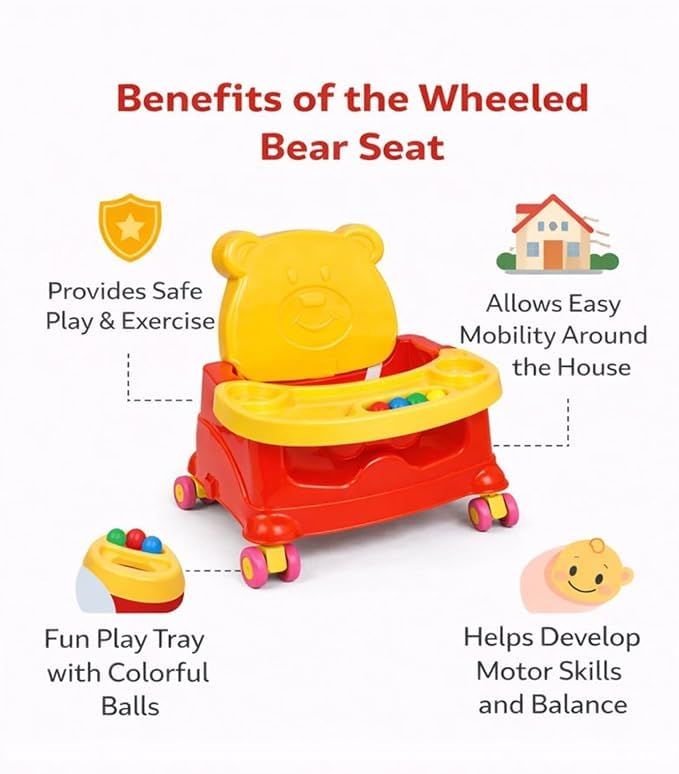 Image of Braintastic Baby Booster Seat Cum Hanging Swing for Kids | 2-in-1 Multipurpose Toddler Feeding Chair with Tray, Rope & Wheels | Safe Plastic Baby Seat (6 Months-3 Years) (Red /Yellow Wheel)